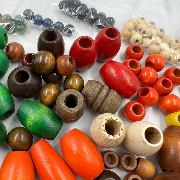 Large Vintage Lot Wooden Macrame Beads 1970's Green Orange Brown Cream - Picture 3 of 8